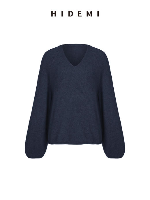 HIDEMI 浣熊毛V领灯笼袖毛衣 栗子色/静谧蓝 商品图12