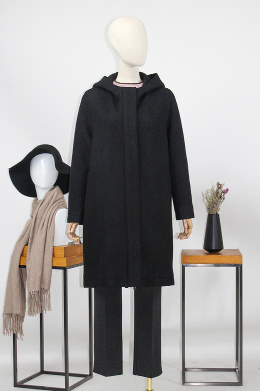 FOCALS福柯斯冬季新款长款纯色连帽拉链羊毛大衣外套FYQDK830N1 商品图5