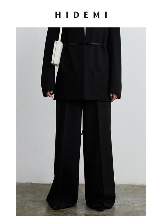 HIDEMI 黑色斜纹羊毛厚款阔腿裤 商品图7