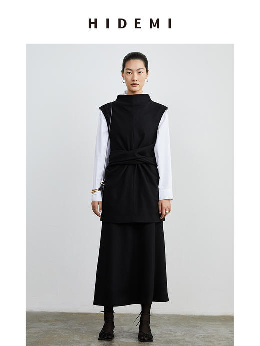 HIDEMI 黑色斜纹羊毛褶皱设计感绑带背心 商品图3