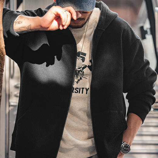 工装优选 日系复古灰色华夫格连帽卫衣慵懒针织开衫运动外套男秋冬 商品图3