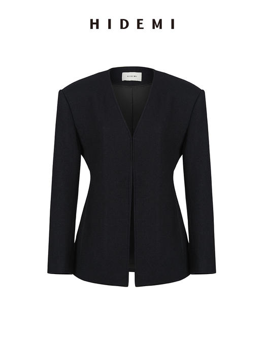 HIDEMI 黑色斜纹羊毛厚款V领收腰西装外套 商品图5