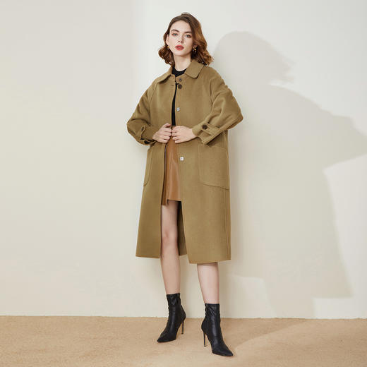LH9B8斯尔丽瑟俪2021新款翻领大口袋茧型通勤长款外套女羊毛双面呢大衣 商品图4