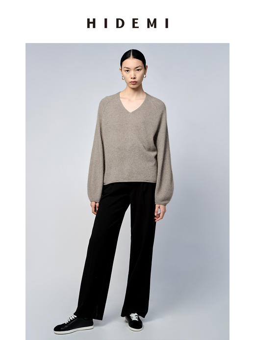 HIDEMI 浣熊毛V领灯笼袖毛衣 栗子色/静谧蓝 商品图4