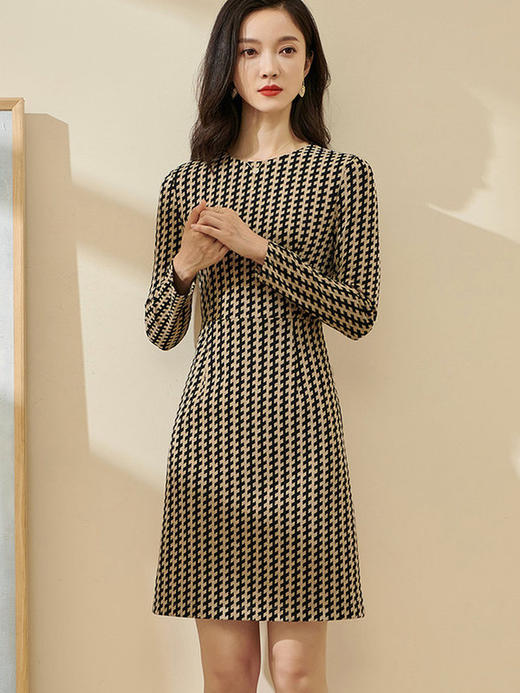 剩S/M/XL 米思阳气质时尚连衣裙秋流行印花2022新款修身长袖中长款裙子2162 商品图2