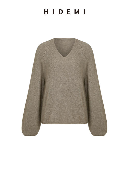 HIDEMI 浣熊毛V领灯笼袖毛衣 栗子色/静谧蓝 商品图11