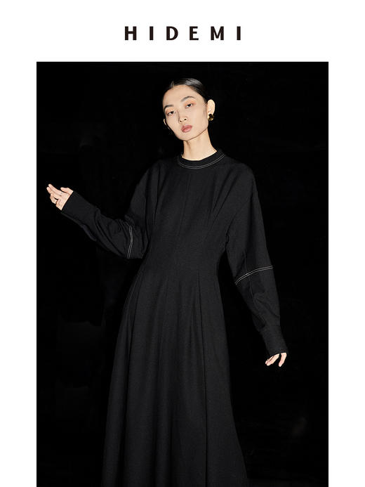 HIDEMI 黑色明线设计感廓形袖收腰显瘦连衣长裙 商品图1