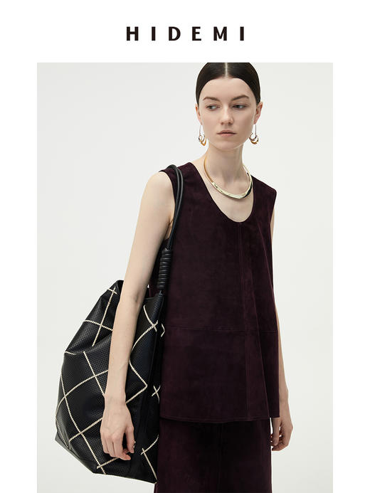HIDEMI 勃艮第红麂皮套装 纽扣式背心/半身长裙 商品图7