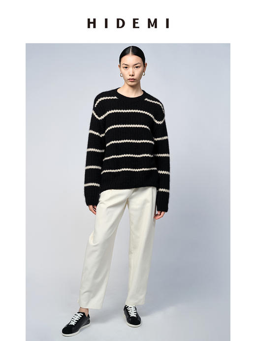 HIDEMI 浣熊毛黑白条纹粗针毛衣 商品图3