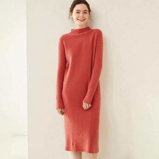 服饰鞋包羊毛连衣裙女半高领中长款针织毛衣纯色简约抽条显瘦百搭上衣