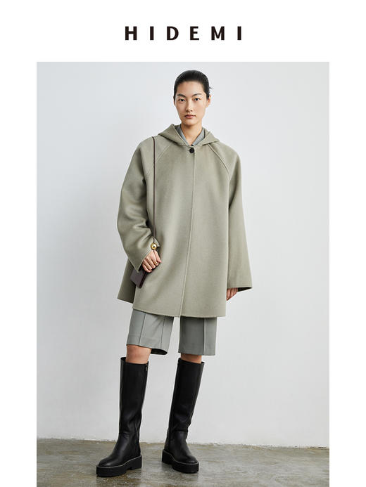 HIDEMI 燕麦色美利奴羊毛双面呢简约设计感一粒扣连帽大衣 商品图3