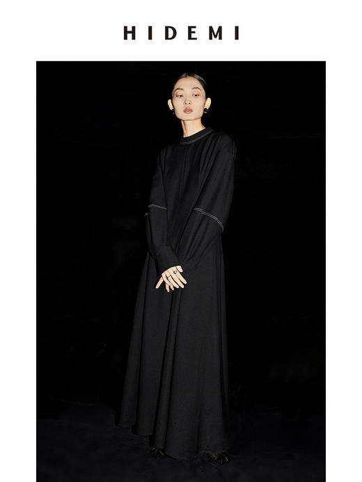 HIDEMI 黑色明线设计感廓形袖收腰显瘦连衣长裙 商品图2