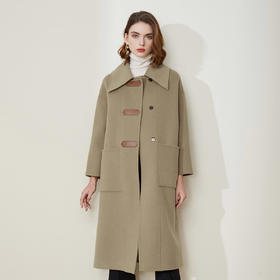 LH9C3斯尔丽瑟俪2021秋冬新款暗门襟气质大口袋羊毛双面呢中长款大衣