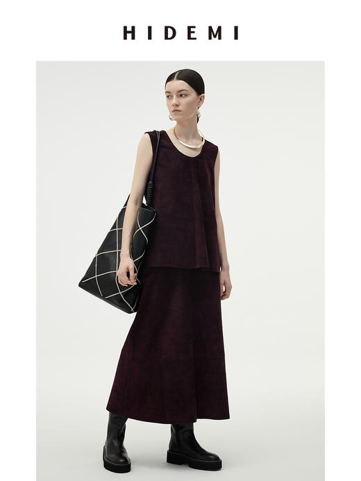 HIDEMI 勃艮第红麂皮套装 纽扣式背心/半身长裙 商品图6