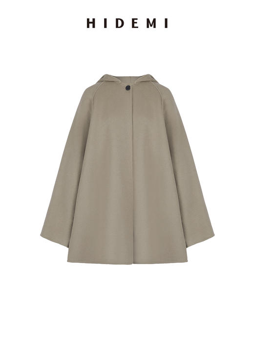 HIDEMI 燕麦色美利奴羊毛双面呢简约设计感一粒扣连帽大衣 商品图6