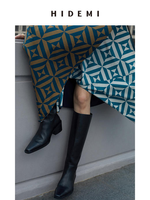 HIDEMI 牛漆皮/牛皮方尖头擦色做旧感女鞋中跟增高长靴 商品图0