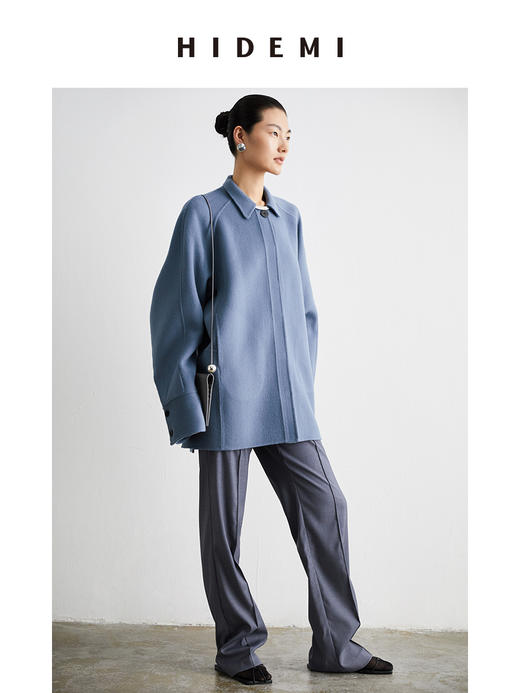 HIDEMI 雾霾蓝美利奴羊毛双面呢简约设计感短款大衣外套 商品图4