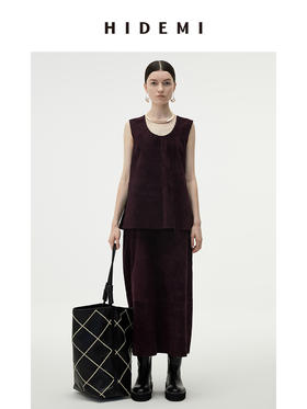 HIDEMI 勃艮第红麂皮套装 纽扣式背心/半身长裙