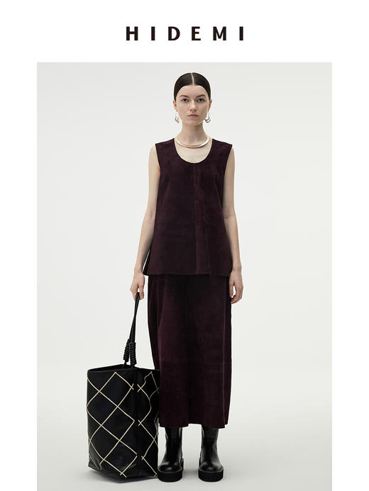 HIDEMI 勃艮第红麂皮套装 纽扣式背心/半身长裙 商品图0