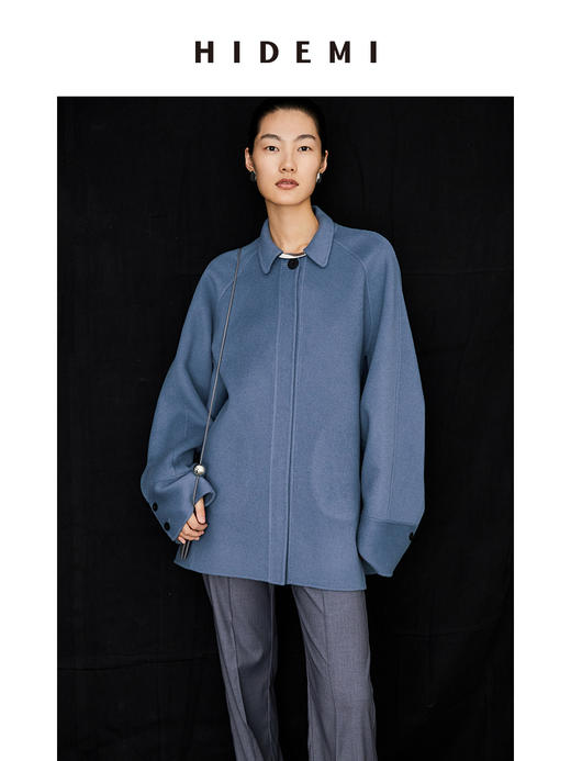 HIDEMI 雾霾蓝美利奴羊毛双面呢简约设计感短款大衣外套 商品图7