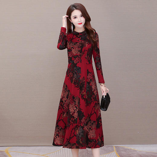 YWE  21C255大码长袖加绒加厚印花连衣裙 商品图1