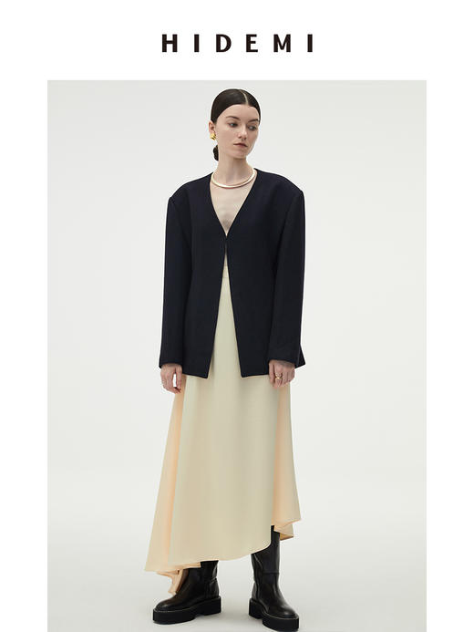 HIDEMI 黑色斜纹羊毛厚款V领收腰西装外套 商品图1
