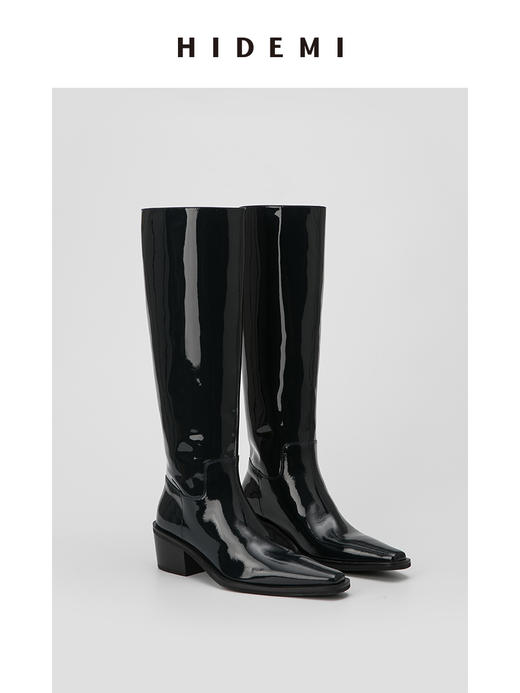 HIDEMI 牛漆皮/牛皮方尖头擦色做旧感女鞋中跟增高长靴 商品图6