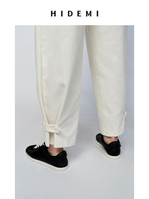 HIDEMI 简约脚口可调节扣襻微茧型斜纹厚款九分裤/ 乳白色/黑色 商品图1