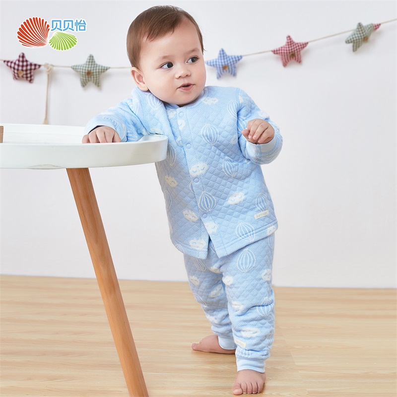 贝贝怡男女儿童保暖内衣夹棉前开套装宝宝冬季加厚秋衣秋裤婴儿两件套