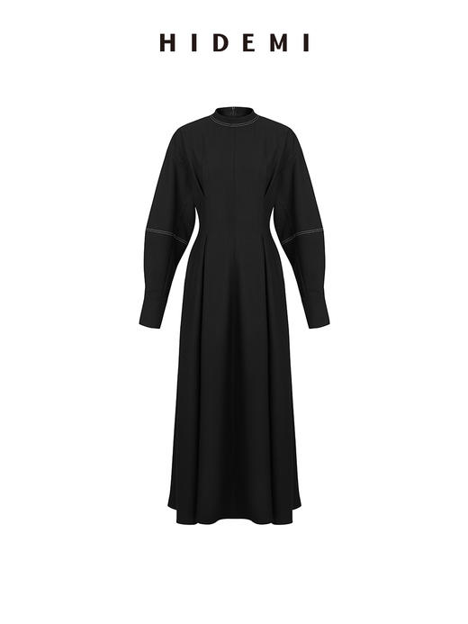 HIDEMI 黑色明线设计感廓形袖收腰显瘦连衣长裙 商品图4