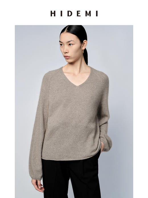 HIDEMI 浣熊毛V领灯笼袖毛衣 栗子色/静谧蓝 商品图1