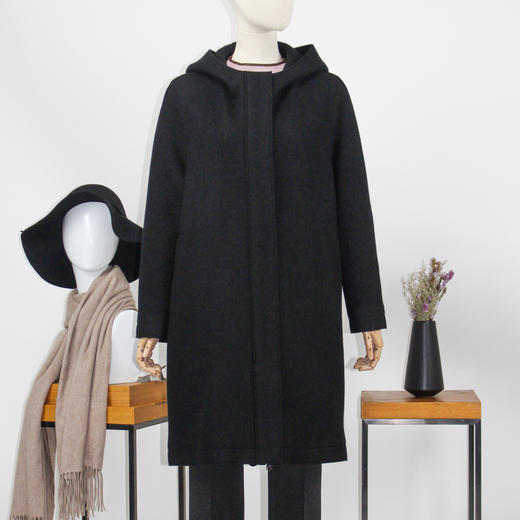 FOCALS福柯斯冬季新款长款纯色连帽拉链羊毛大衣外套FYQDK830N1 商品图0