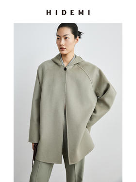 HIDEMI 燕麦色美利奴羊毛双面呢简约设计感一粒扣连帽大衣