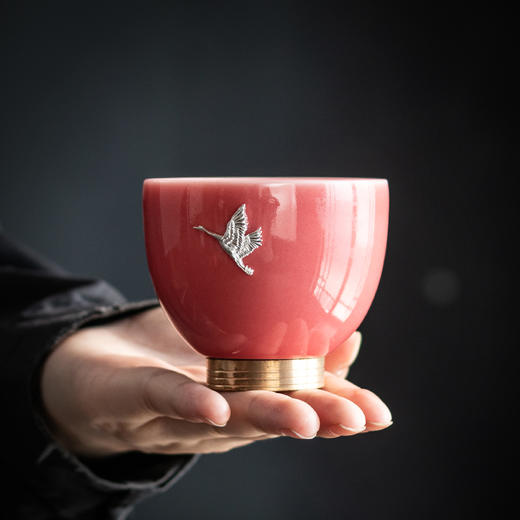 【杯子】茶具 陶瓷茶杯 胭脂釉镶银 主人杯 功夫茶 品茗杯 餐饮用具 商品图3