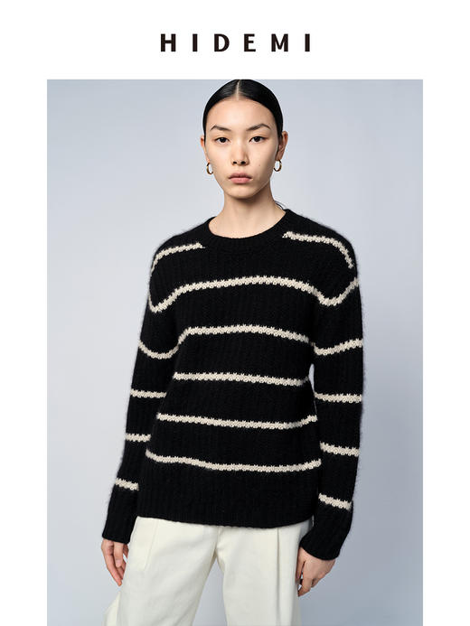 HIDEMI 浣熊毛黑白条纹粗针毛衣 商品图0