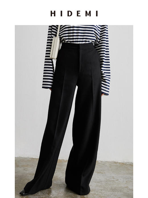 HIDEMI 黑色斜纹羊毛厚款阔腿裤 商品图1