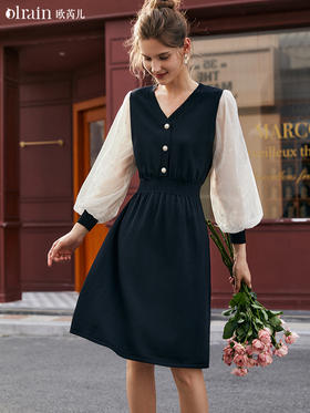 欧芮儿黑色连衣裙女新款2021收腰显瘦法式气质小个子泡泡袖裙