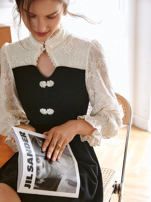 欧芮儿黑色连衣裙女春秋2021新款高腰显瘦气质中国风蕾丝拼接裙子 商品图1