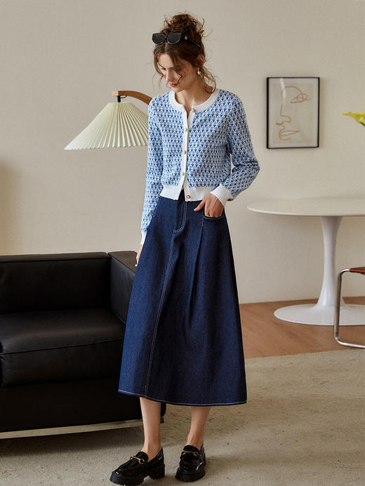 欧芮儿2021春秋新款蓝色针织衫毛衣女圆领时尚外穿开衫外套早秋 商品图2