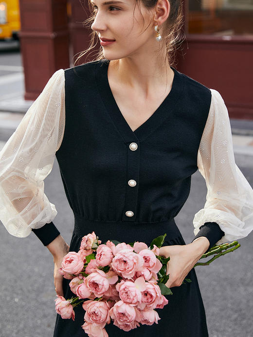 欧芮儿黑色连衣裙女新款2021收腰显瘦法式气质小个子泡泡袖裙 商品图1