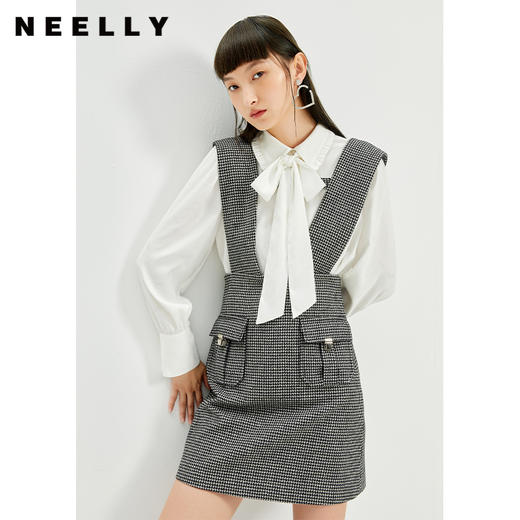 NEELLY纳俪千鸟格背带裙女羊毛A字裙秋冬内搭减龄小个子百搭显高N21101Y01027 商品图0