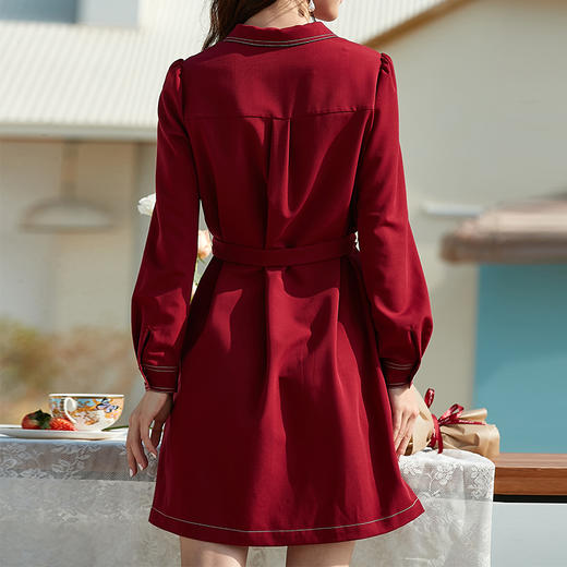 欧芮儿红色衬衫领连衣裙女2021秋冬中长裙 商品图1