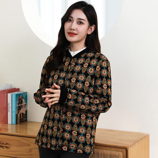 ARN-Y135黑底秋冬季桑蚕丝填充保暖上衣女加绒加厚长袖外套 商品图3