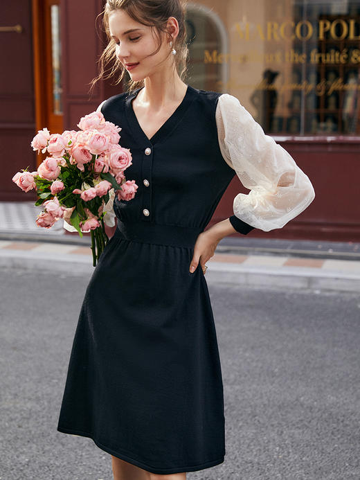 欧芮儿黑色连衣裙女新款2021收腰显瘦法式气质小个子泡泡袖裙 商品图2