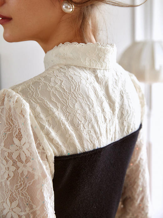 欧芮儿黑色连衣裙女春秋2021新款高腰显瘦气质中国风蕾丝拼接裙子 商品图2