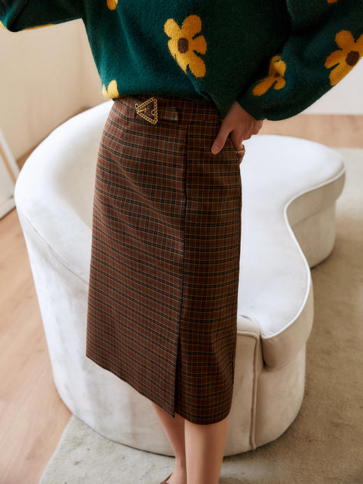 欧芮儿咖色半身裙2021春秋新款高腰显瘦气质复古中长款开叉a字裙 商品图3