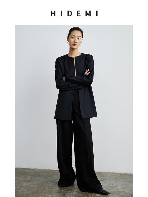 HIDEMI 黑色斜纹羊毛厚款阔腿裤 商品图12