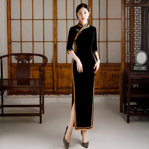 上海旗袍厂GSJ-372新款金丝绒旗袍复古改良款连衣裙红色长裙敬酒礼服 商品图5