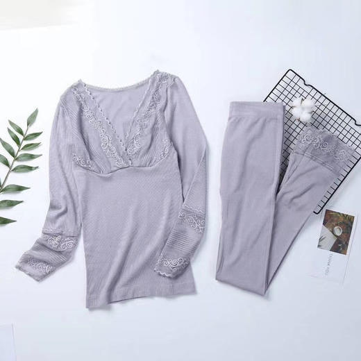 RY-R2689可可唯美树纹蕾丝恒温发热保暖内衣V领女神衣修身秋衣秋裤套装女 商品图3