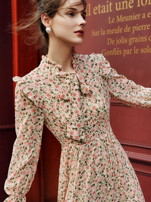 欧芮儿碎花雪纺连衣裙女新款2021收腰显瘦气质长袖系带裙子 商品图1